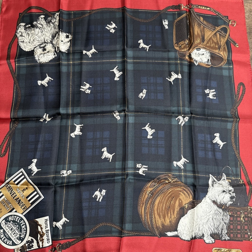 VTG Ralph Lauren Silk Scarf Terrier Dog Plaid Scottie Travel Theme Hotel 21" - Picture 7 of 9